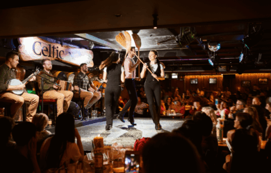 Lively Celtic dance and live music entertainment at a bustling Dublin bar.