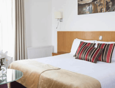 Elegant double room with striped cushions and fresh flowers, ideal for a relaxing stay.