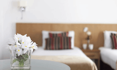 Elegant hotel room with twin beds, striped cushions, and a vase of fresh white flowers.