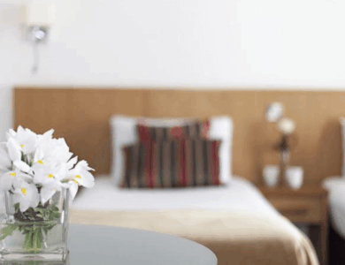 Elegant hotel room with twin beds, striped cushions, and a vase of fresh white flowers.
