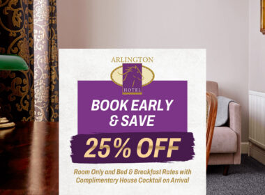 Hotel room with elegant decor and promotional offer for 25% off stays.