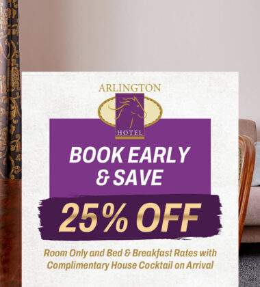 Hotel room with elegant decor and promotional offer for 25% off stays.