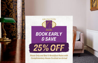 Hotel room with elegant decor and promotional offer for 25% off stays.