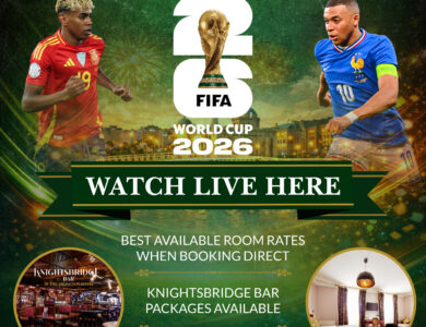 Arlington Hotel FIFA World Cup 2026 poster, promoting live matches and booking offers.