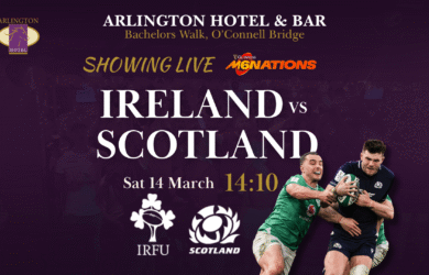 Ireland vs Scotland match poster at Arlington Hotel & Bar, Dublin.