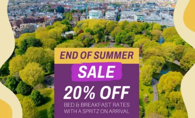 Aerial view of Dublin city with promotional text, "End of Summer Sale, 20% Off Bed & Breakfast Rates.