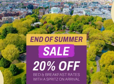 Aerial view of Dublin city with promotional text, "End of Summer Sale, 20% Off Bed & Breakfast Rates.