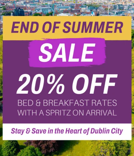 Aerial view of Dublin park with "End of Summer Sale" text offering 20% off bed and breakfast.