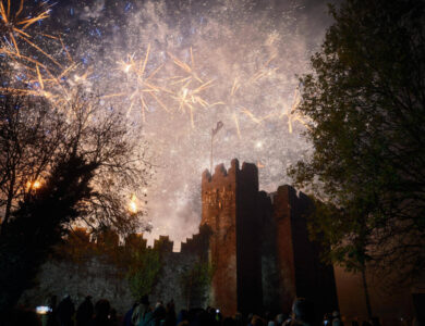 People watching fireworks over historic castle at night.