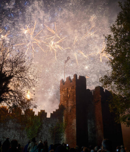 People watching fireworks over historic castle at night.