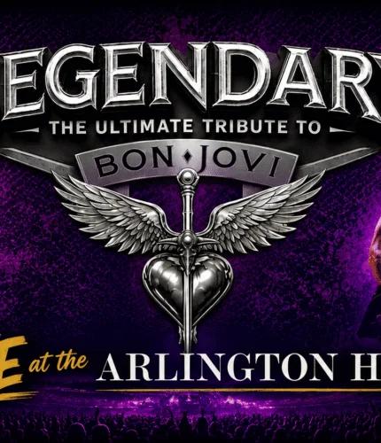 Tribute concert poster with rock band imagery at Arlington Hotel.