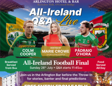 Guests enjoying lively All-Ireland Q&A event at Arlington Hotel Bar in Dublin.