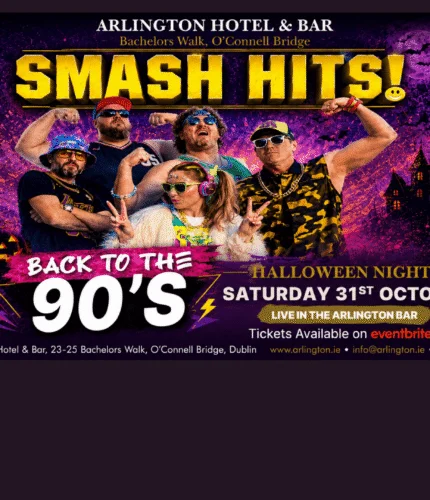 Retro-themed Halloween party at Arlington Hotel Bar with people in 90s costumes.