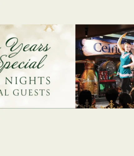 Festive performers on stage at Arlington Hotel's New Year's event.