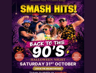 Five people in Halloween costumes enjoy a 90's themed dance party.