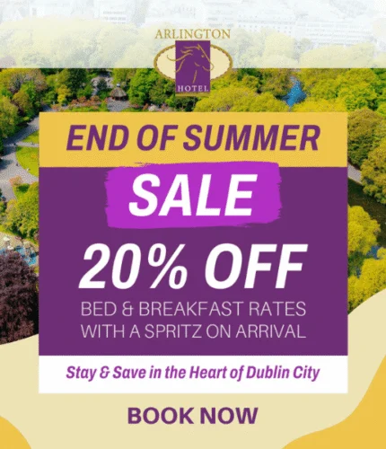 End of Summer Sale at Arlington Hotel, 20% off bed & breakfast with spritz on arrival.