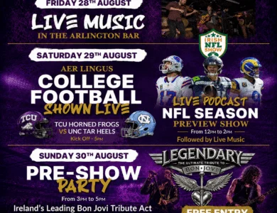 Arlington Hotel poster with football, live music events in Dublin.