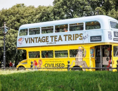 Vintage tea bus tour in lush Dublin park setting.