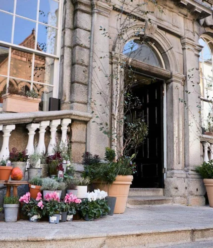 Elegant stone hotel entrance with potted plants, pumpkins and a sign for Powerscourt shopping centre by the steps